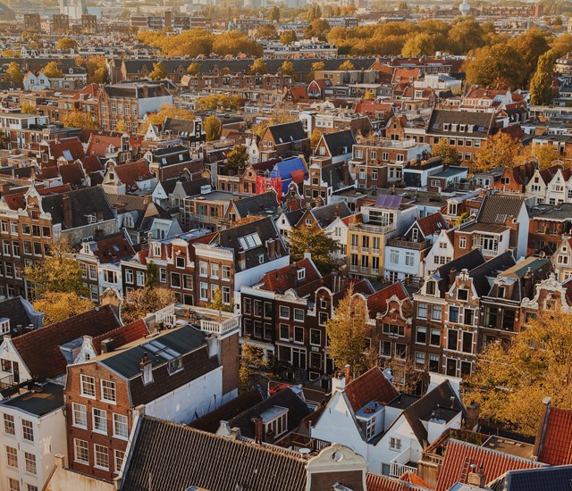 Rooftop view of Amsterdam's historic houses with steep gables and autumn foliage in warm sunlight.